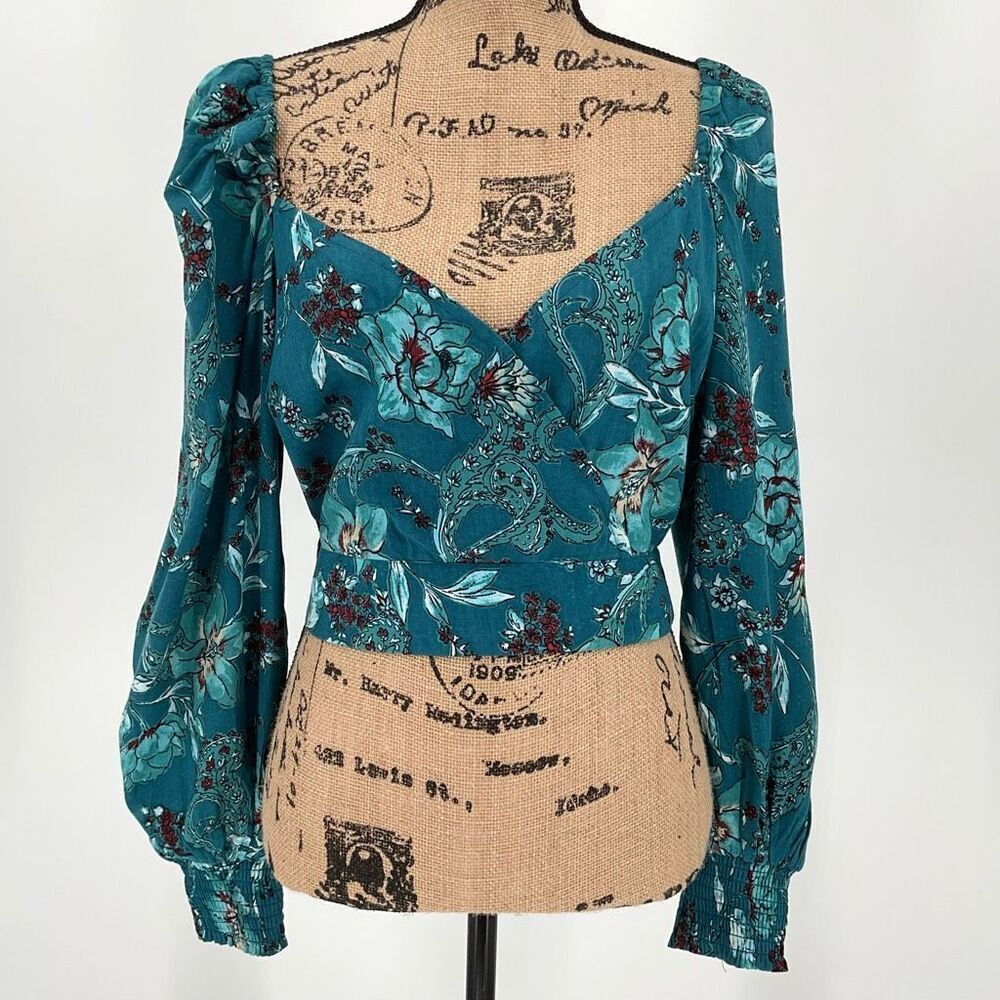 Band Of The Free Sybille V-Neck Crossover‎ Wrap Crop Top Dark Teal Women Medium